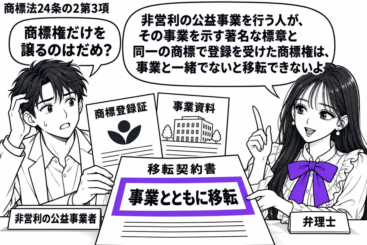 先生が右の相談机にいる弁理士役(札「弁理士」)。左の公益事業者(札「非営利の公益事業者」)が、著名な事業の標章を載せた商標登録証と事業資料を並べる。二つをまとめた移転契約書の「事業とともに移転」の欄をヴァイオレットの枠で囲む。先生の吹き出し