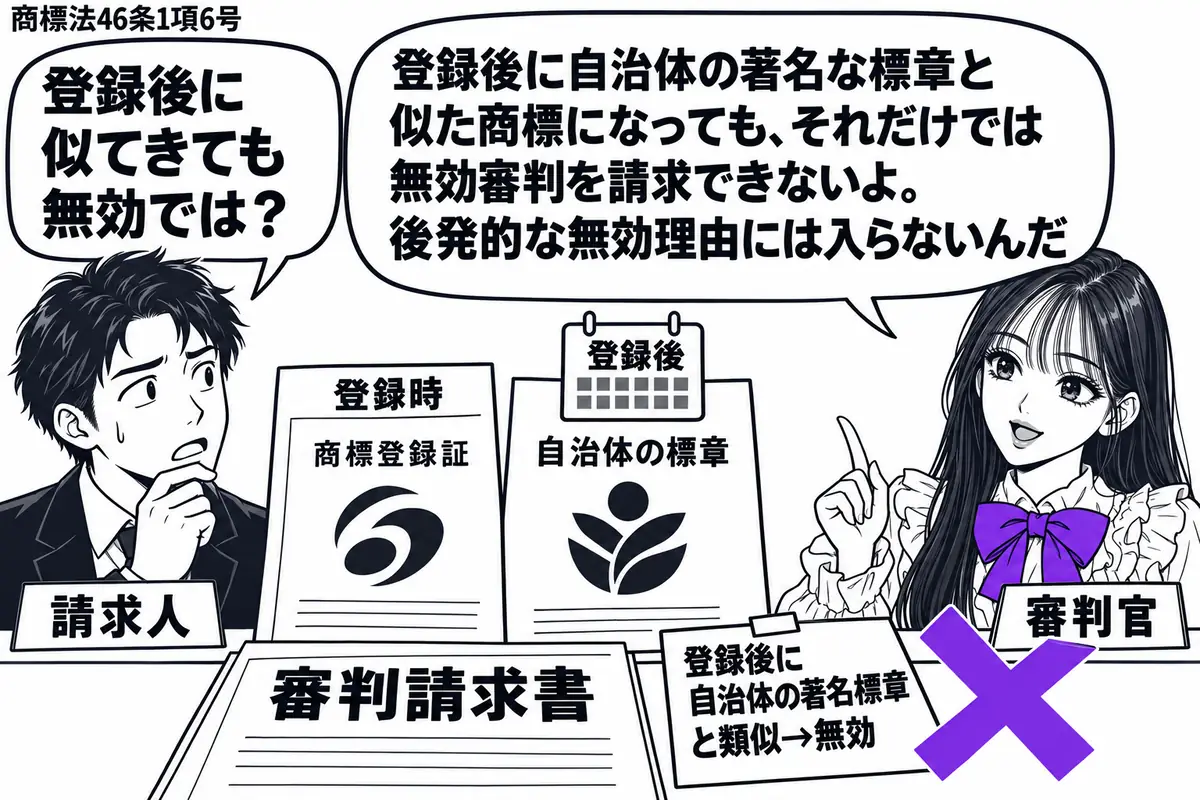 先生が右の机にいる審判官役(札「審判官」)。左に商標登録証と自治体の標章を描いた紙を並べる男性(札「請求人」)。紙は登録証より後の暦の下に置き、審判請求書の付箋「登録後に自治体の著名標章と類似→無効」にヴァイオレットの×印。先生の吹き出し「