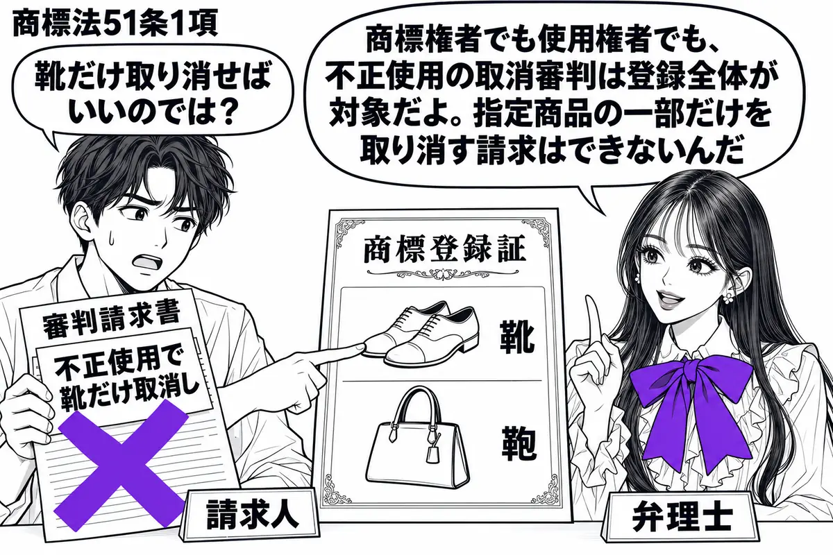 先生が右の相談机にいる弁理士役(札「弁理士」)。左に審判請求書を持つ男性(札「請求人」)。机には靴と鞄の絵が載った商標登録証。男性が靴の欄だけを指し、請求書の付箋「不正使用で靴だけ取消し」にヴァイオレットの×印。先生の吹き出し「商標権者でも