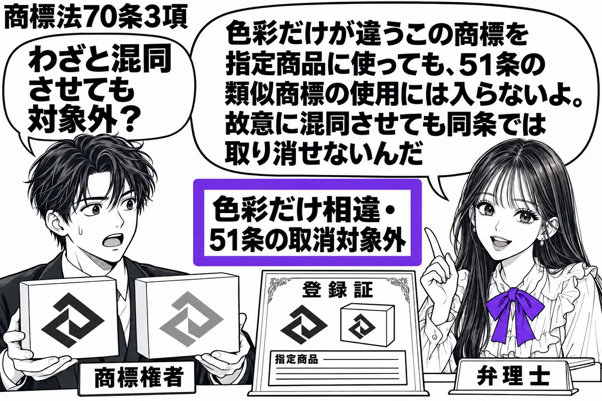 先生が右の机にいる弁理士役(札「弁理士」)。左に同じ図形で濃淡だけ異なる商標を付けた二つの箱を持つ男性(札「商標権者」)。机の登録証には図形商標と指定商品の箱の絵。付箋「色彩だけ相違・51条の取消対象外」をヴァイオレットの枠で囲む。先生の吹