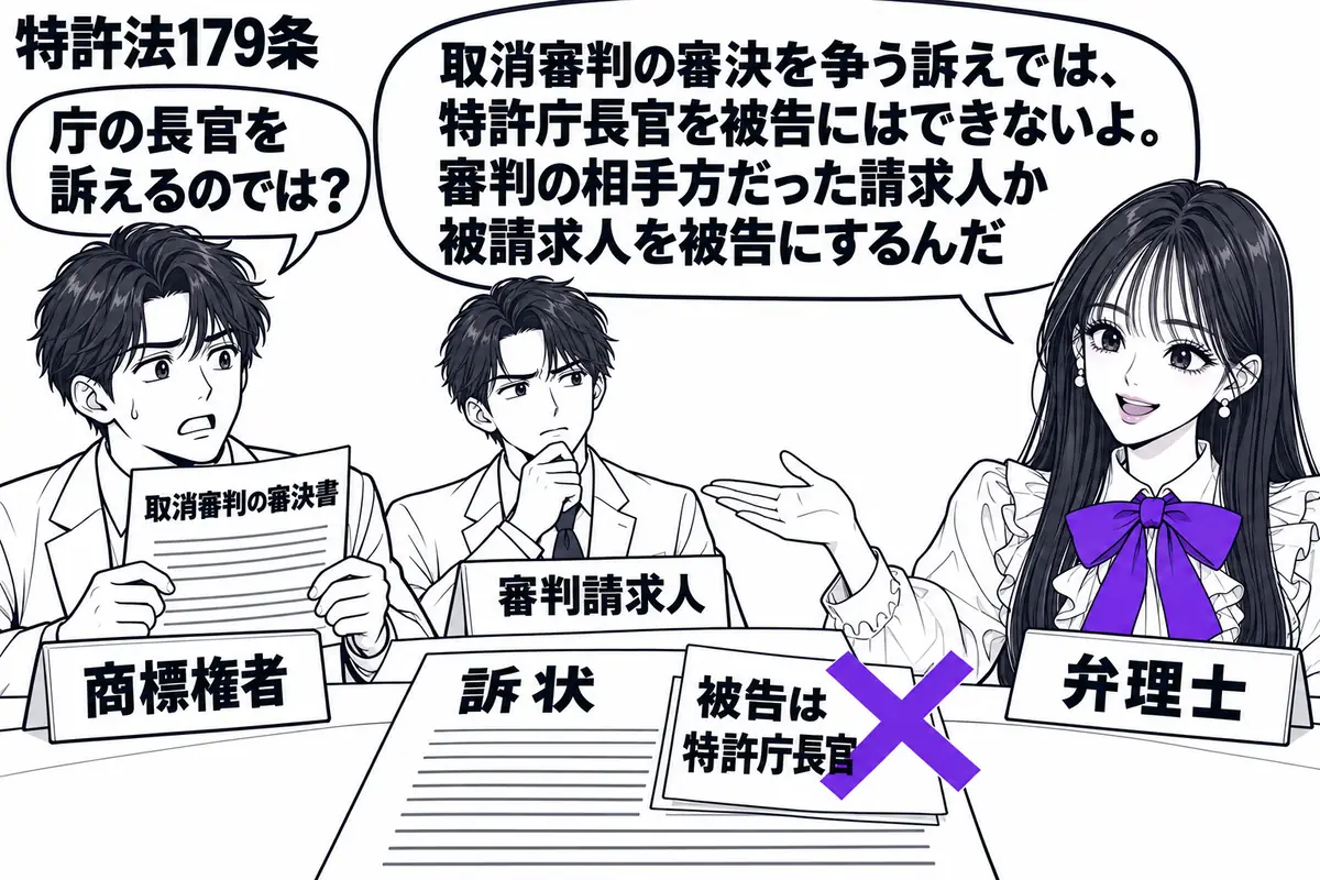 先生が右の相談机にいる弁理士役(札「弁理士」)。左に取消審判の審決書を握る男性(札「商標権者」)、奥に相手の男性(札「審判請求人」)。机の訴状にある付箋「被告は特許庁長官」にヴァイオレットの×印を付け、先生が奥の男性を手で示す。先生の吹き出