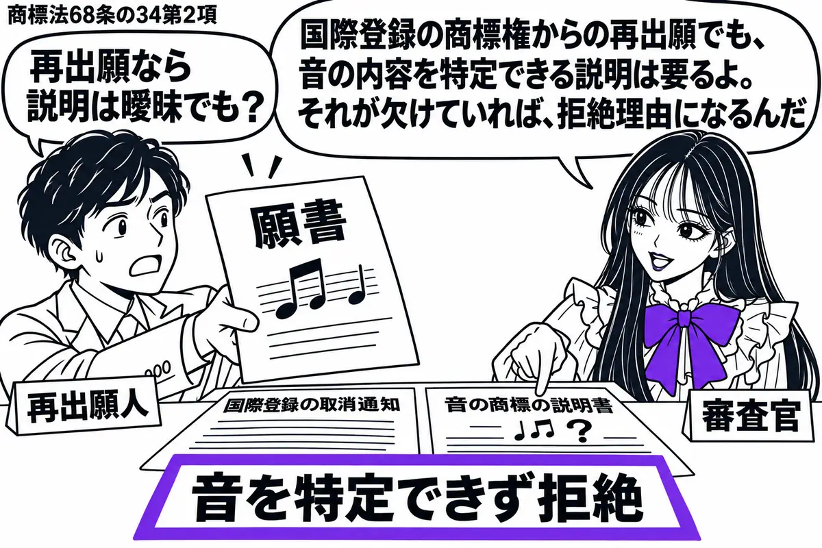 先生が右の窓口にいる審査官役(札「審査官」)。左に音符付きの願書を差し出す男性(札「再出願人」)。机に国際登録の取消通知と音の商標の説明書を並べ、説明書には音符と疑問符の小さな絵。拒絶理由通知の付箋「音を特定できず拒絶」をヴァイオレットの枠