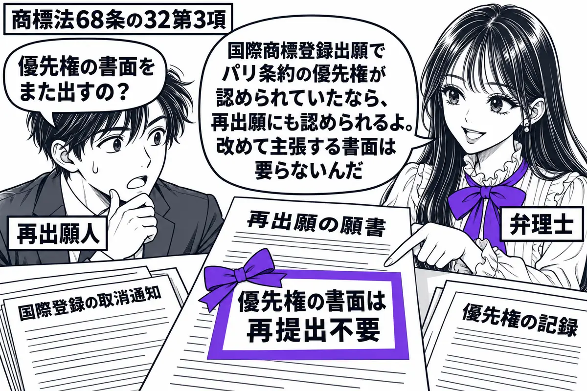 先生が右の出願相談席に座る弁理士役(札「弁理士」)。左の男性(札「再出願人」)が国際登録の取消通知と優先権の記録を机に広げる。再出願の願書に貼った「優先権の書面は再提出不要」の付箋をヴァイオレットの枠で囲む。先生の吹き出し「国際商標登録出願
