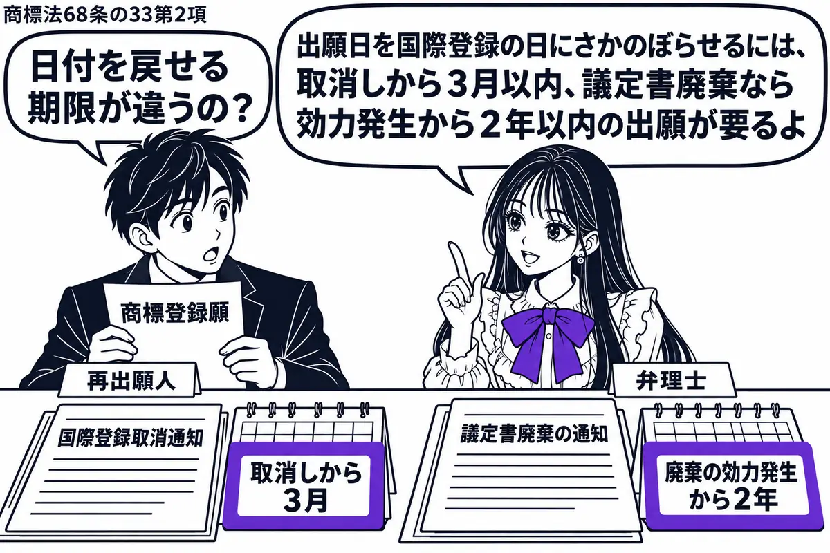 先生が中央の相談机にいる弁理士役(札「弁理士」)。左に商標登録願を持つ男性(札「再出願人」)。机に国際登録取消通知と議定書廃棄の通知を並べ、それぞれの暦に付けた「取消しから3月」「廃棄の効力発生から2年」の付箋をヴァイオレットの枠で囲む。先