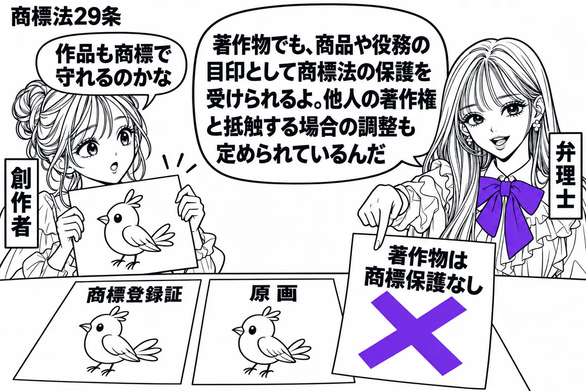 先生が弁理士役(札「弁理士」)で右側。左に自作の鳥の絵を持つ女性(札「創作者」)。机には同じ絵が載った商標登録証と原画を並べる。原画に添えた「著作物は商標保護なし」の付箋に大きなヴァイオレットの×印を付け、先生が指し示す。先生の吹き出し「著