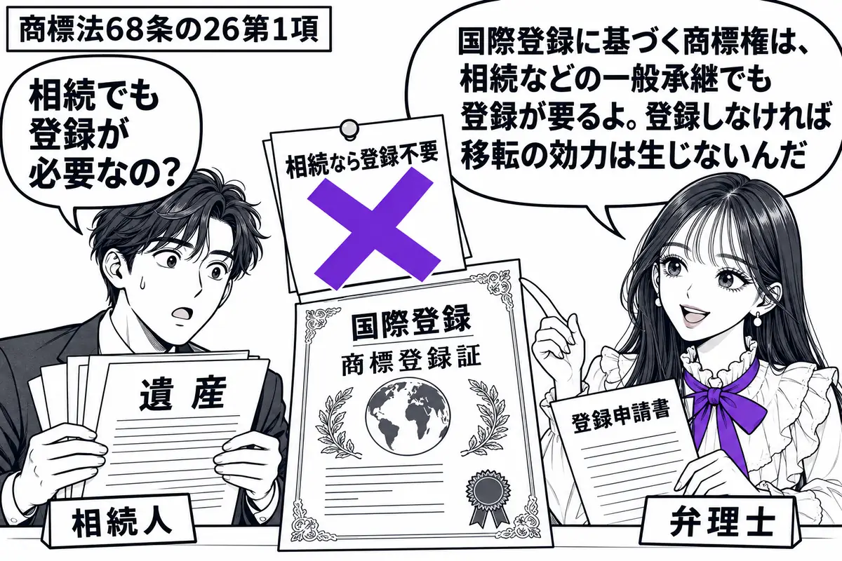 先生が右の相談机で弁理士役(札「弁理士」)。左に遺産の書類を抱えた人(札「相続人」)、中央に「国際登録」の商標登録証を置く。その上の付箋「相続なら登録不要」に大きなヴァイオレットの×印。先生は登録の申請書を手に取る。先生の吹き出し「国際登録