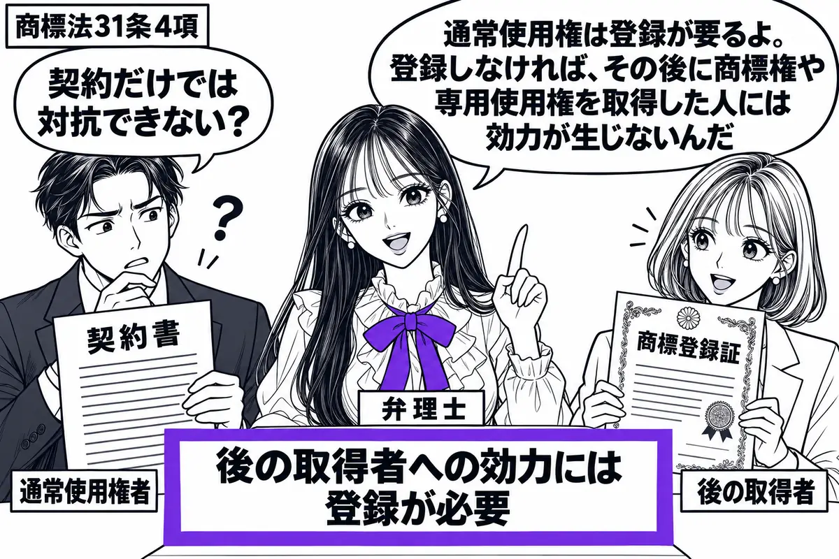 先生が弁理士役(札「弁理士」)で中央の机。左に契約書を持つ男性(札「通常使用権者」)、右に商標登録証を持つ女性(札「後の取得者」)。机に置いた「後の取得者への効力には登録が必要」の付箋をヴァイオレットの枠で囲み、男性は契約書と付箋を見比べる