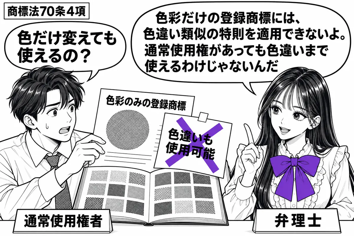 先生が弁理士役(札「弁理士」)で右の机。左に男性(札「通常使用権者」)が「色彩のみの登録商標」の資料と色見本帳を広げる。色見本は墨の網点で表し、資料に付けた「色違いも使用可能」の付箋にヴァイオレットの×印。先生の吹き出し「色彩だけの登録商標
