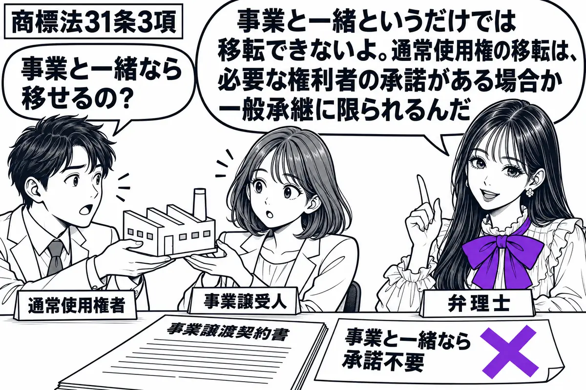 先生が弁理士役(札「弁理士」)で右の机。左に男性(札「通常使用権者」)と女性(札「事業譲受人」)が工場模型を受け渡し、机には「事業譲渡契約書」。添えた「事業と一緒なら承諾不要」の付箋にヴァイオレットの×印。先生の吹き出し「事業と一緒というだ