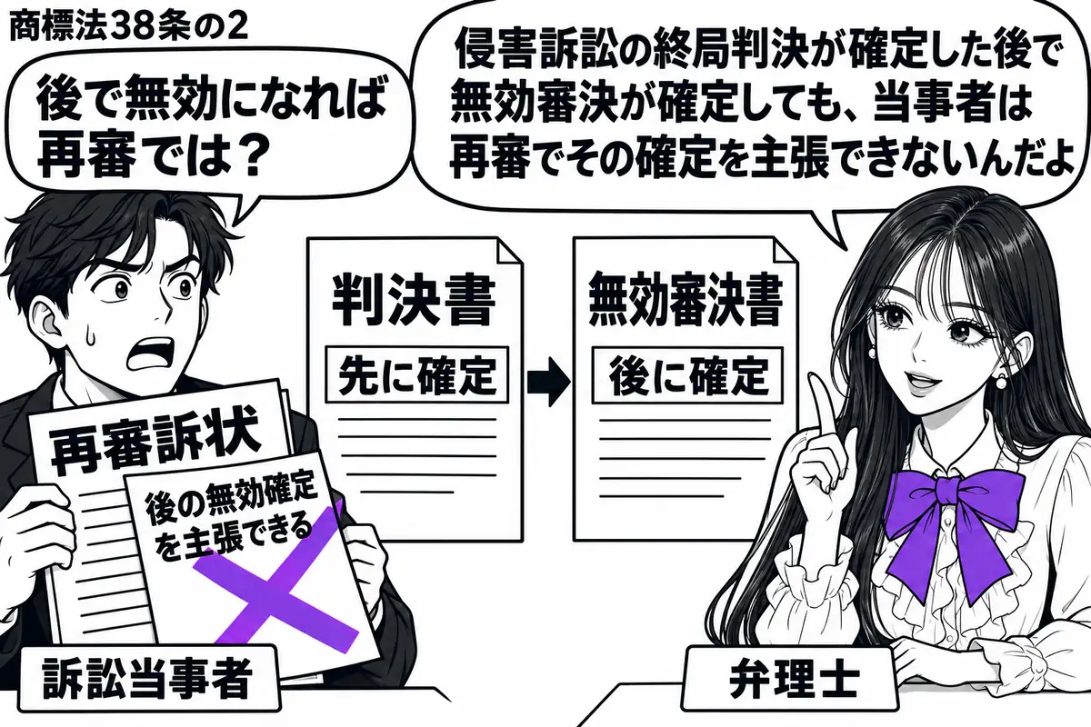 先生が弁理士役(札「弁理士」)で右の机。左に男性(札「訴訟当事者」)が「再審訴状」を持ち、中央には先に確定した判決書と後に確定した無効審決書を順に並べる。訴状に付けた「後の無効確定を主張できる」の付箋にヴァイオレットの×印。先生の吹き出し「