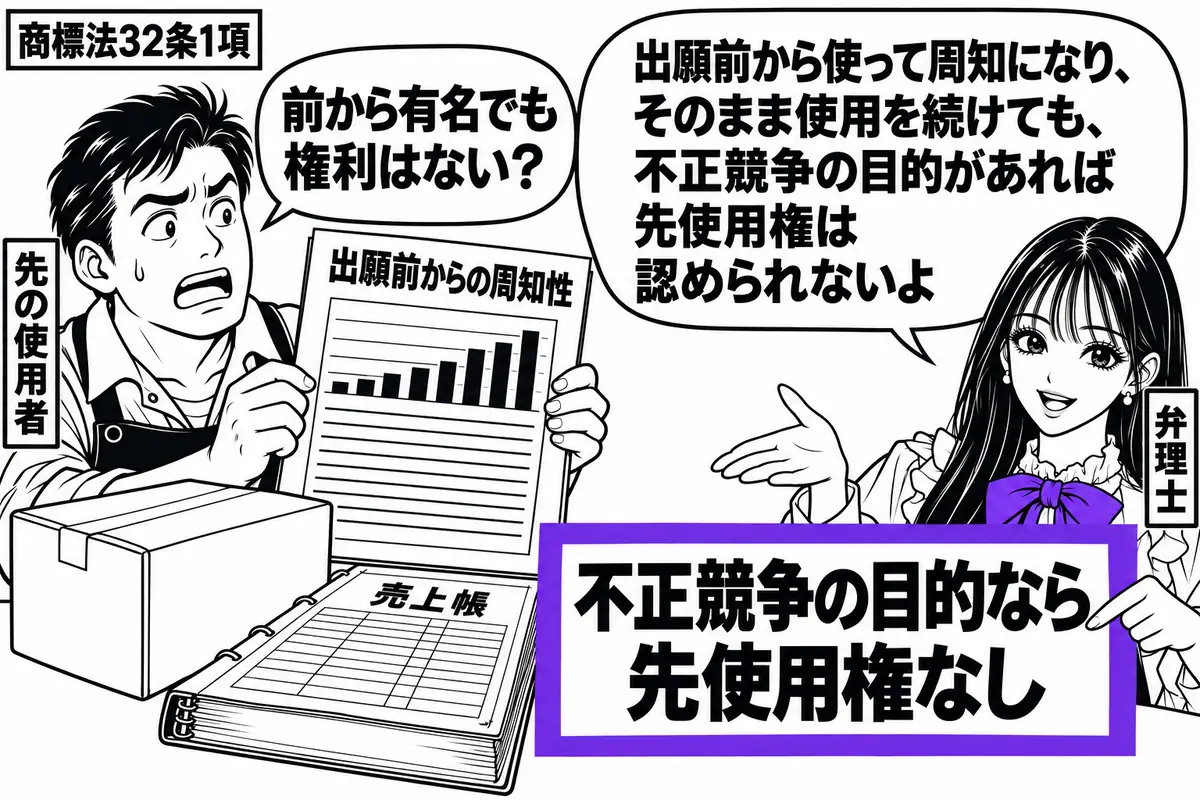 先生が弁理士役(札「弁理士」)で右の机。左に商人(札「先の使用者」)が古い商品箱と売上帳を置き、出願前からの周知性を示す資料を掲げる。机の「不正競争の目的なら先使用権なし」の付箋をヴァイオレットの枠で囲む。先生の吹き出し「出願前から使って周