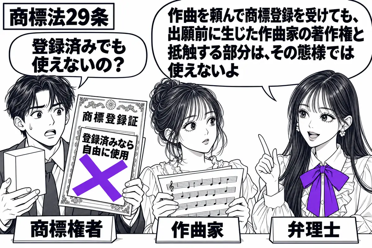 先生が右の相談机で弁理士役(札「弁理士」)。左に新商品の箱と「商標登録証」を持つ男性(札「商標権者」)、中央に楽譜を抱えた女性(札「作曲家」)。登録証に添えた「登録済みなら自由に使用」の付箋に大きなヴァイオレットの×印。先生の吹き出し「作曲
