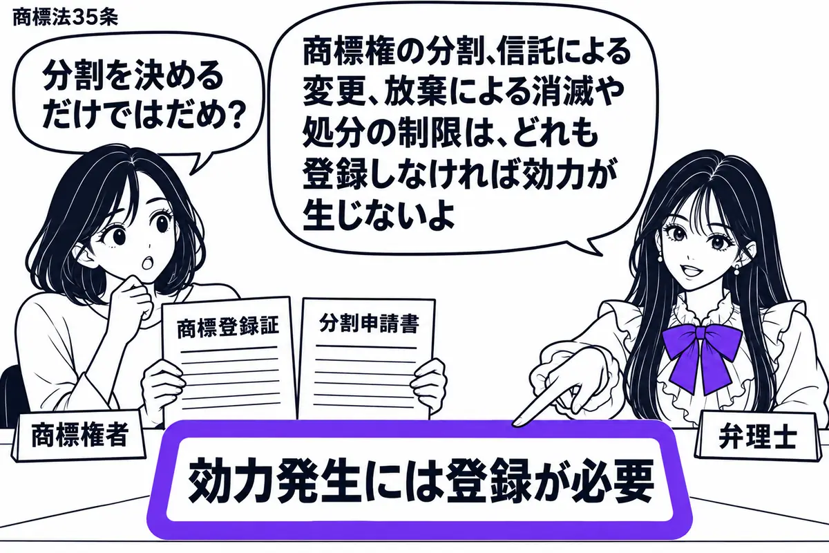 先生が右の相談机で弁理士役(札「弁理士」)。左の女性(札「商標権者」)が「商標登録証」と分割の申請書を並べ、先生が机の「効力発生には登録が必要」の札を指す。その札だけをヴァイオレットの枠で囲む。先生の吹き出し「商標権の分割、信託による変更、