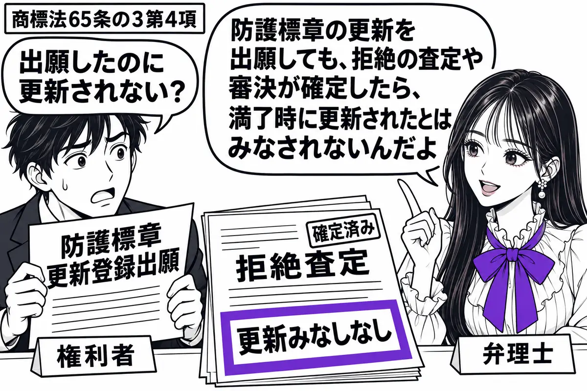 先生が右の窓口で弁理士役（札「弁理士」）。左の男性（札「権利者」）が「防護標章更新登録出願」の書類を持つ。机には確定済みの拒絶査定の書面があり、添えた「更新みなしなし」の付箋をヴァイオレットの枠で囲む。先生の吹き出し「防護標章の更新を出願し