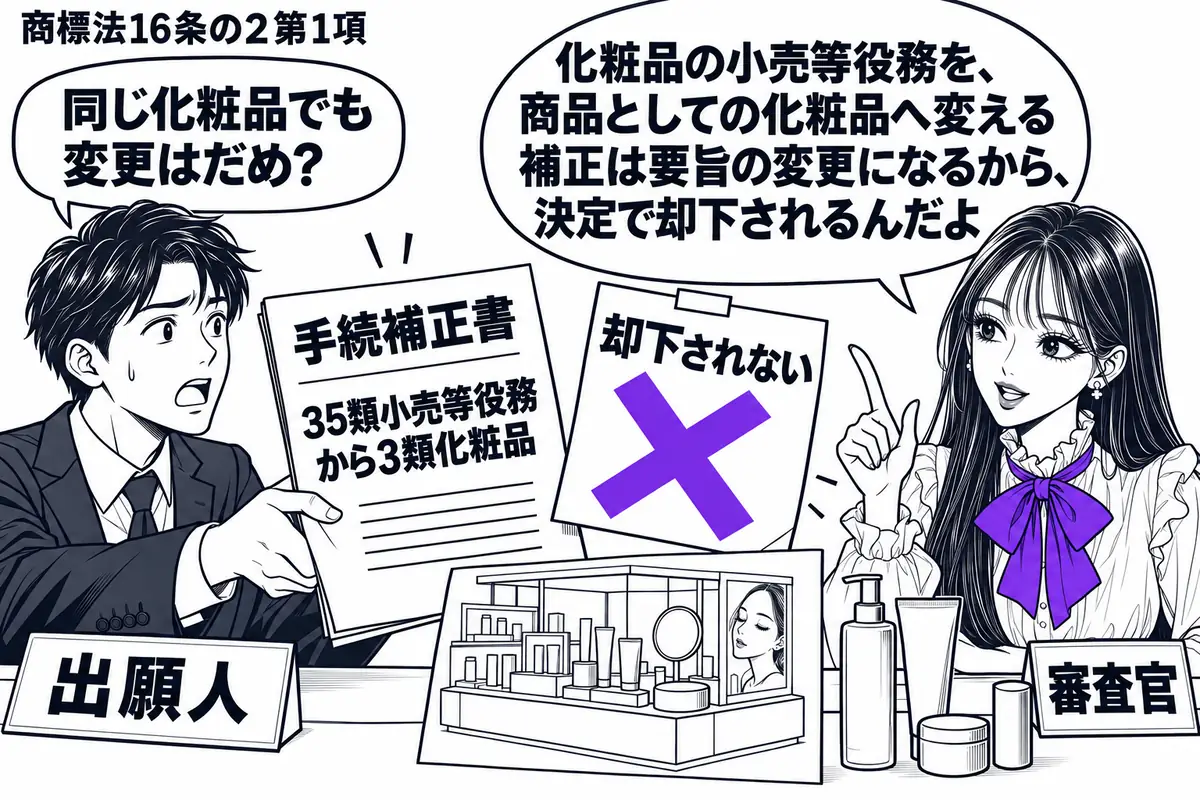 先生が右の机で審査官役(札「審査官」)。左の男性(札「出願人」)が「手続補正書」を差し出す。机に化粧品売場の絵と化粧品の瓶を並べ、補正書には「35類小売等役務から3類化粧品」と記す。「却下されない」の付箋にヴァイオレットの×印。先生の吹き出