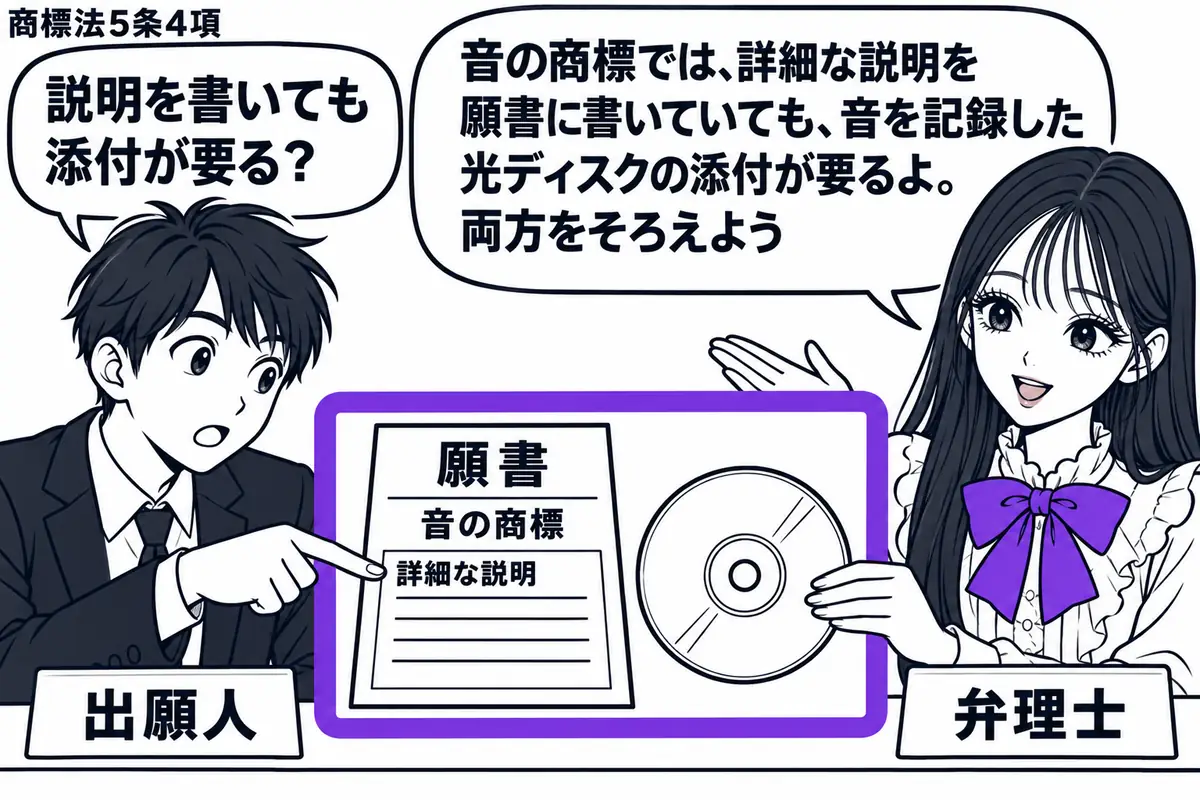 先生が右の机で弁理士役（札「弁理士」）。左の男性（札「出願人」）が音の商標の「願書」を差し出し、詳細な説明の欄を指している。先生は音を記録した光ディスクを添え、二つをまとめてヴァイオレットの枠で囲む。先生の吹き出し「音の商標では、詳細な説明