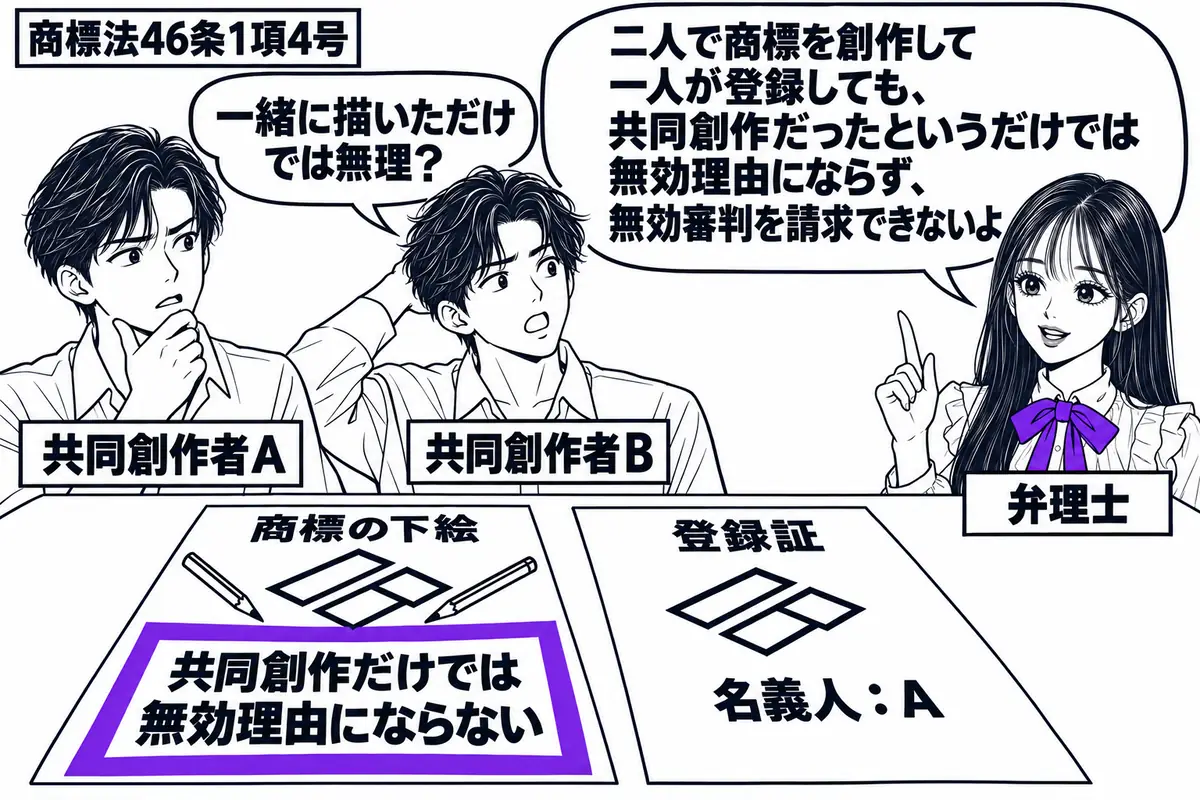先生が弁理士役(札「弁理士」)で右側。左に二人の男性(札「共同創作者A」「共同創作者B」)。机に二人で描いた商標の下絵と、Aだけを名義人とする登録証を並べる。下絵に付けた「共同創作だけでは無効理由にならない」の付箋をヴァイオレットの枠で囲む