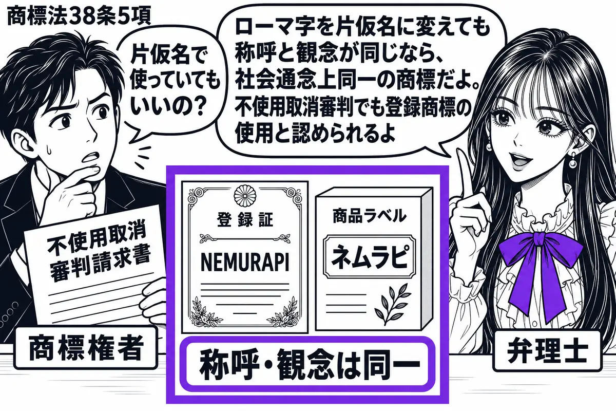 先生が弁理士役(札「弁理士」)で右側。左の男性(札「商標権者」)が不使用取消審判の請求書を見せる。机にローマ字の登録証と片仮名の商品ラベルを並べ、二つをまとめてヴァイオレットの枠で囲む。脇に「称呼・観念は同一」の札。先生の吹き出し「ローマ字