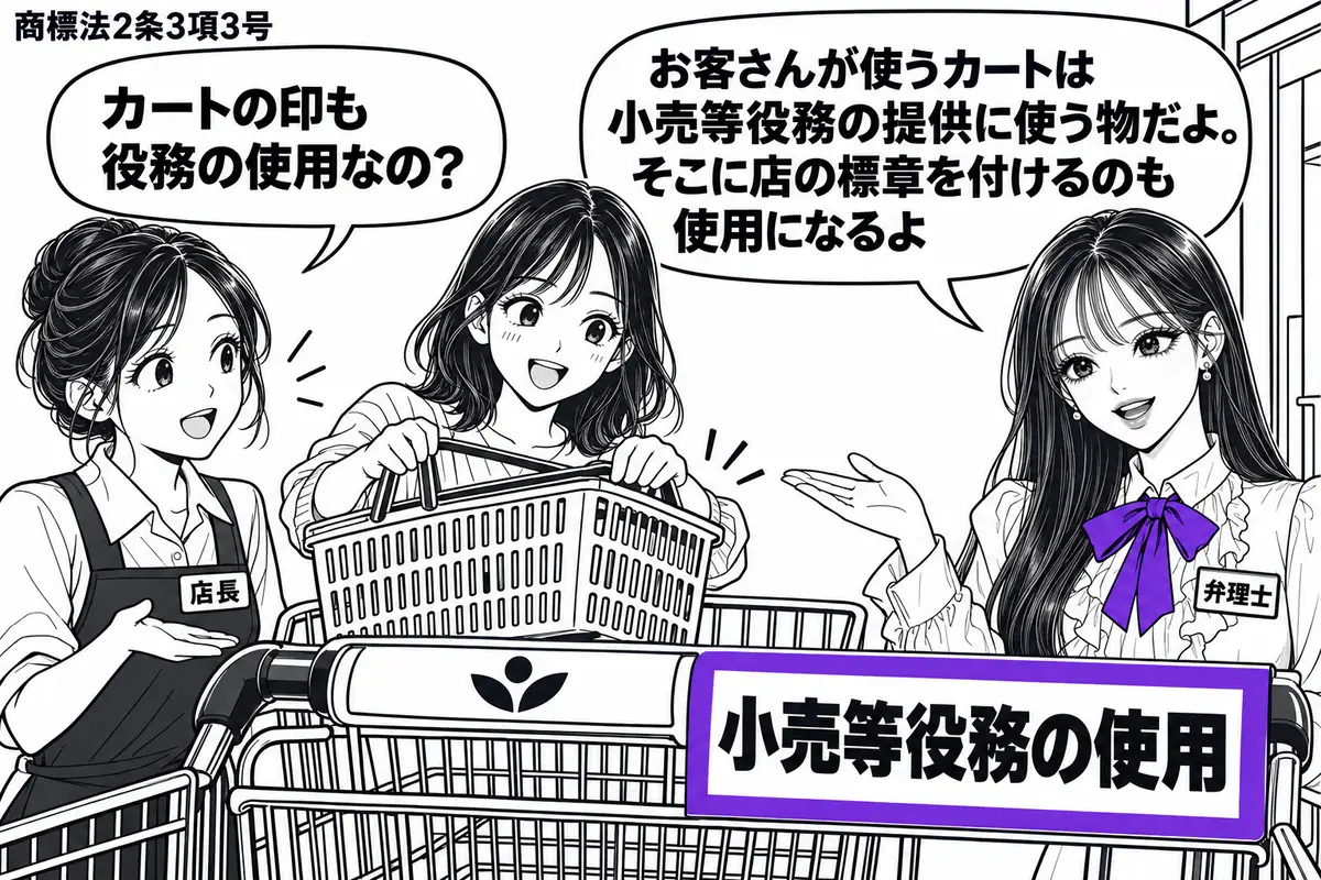 先生が右の売場入口に立つ弁理士役（札「弁理士」）。左にショッピングカートを示す女性（札「店長」）、中央にカートへ買物かごを載せる客。持ち手に店の標章が付き、その横の札「小売等役務の使用」をヴァイオレットの枠で囲む。先生の吹き出し「お客さんが