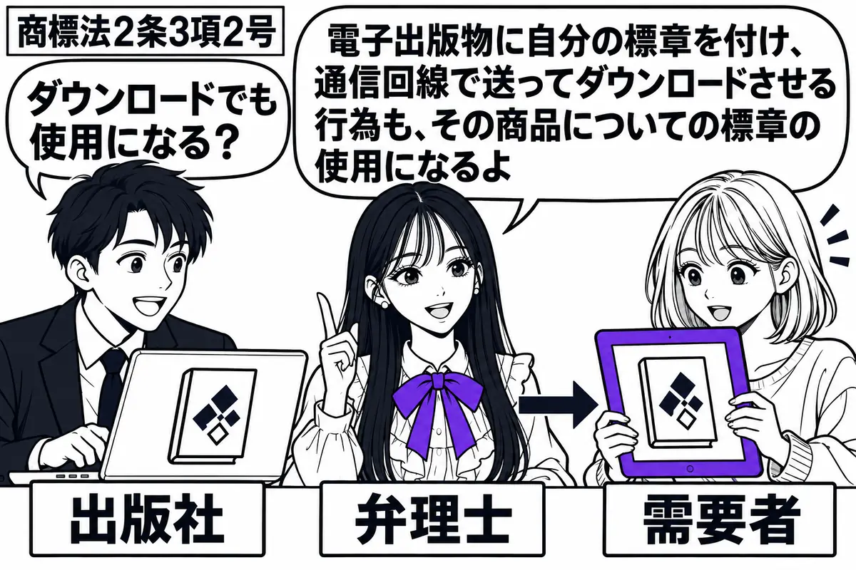 先生が机の中央で弁理士役（札「弁理士」）。左にパソコンを操作する男性（札「出版社」）、右に端末を見る女性（札「需要者」）。両端末には同じ標章入りの電子書籍の表紙が映り、受信した端末の画面をヴァイオレットの枠で囲む。先生の吹き出し「電子出版物