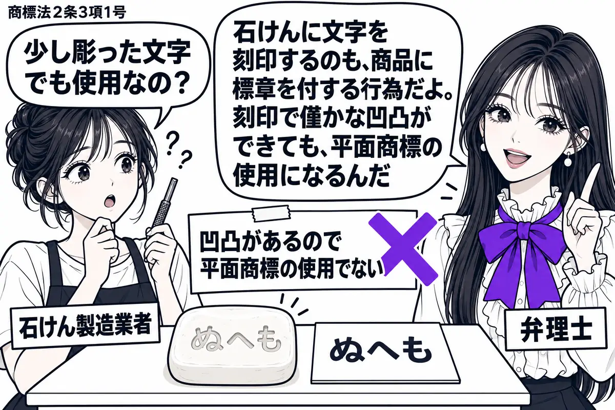 先生が作業台の右で弁理士役（札「弁理士」）。左に文字の刻印道具を持つ女性（札「石けん製造業者」）。中央には文字が浅く彫られた石けんと商標見本を並べる。見本に添えた「凹凸があるので平面商標の使用でない」の付箋にヴァイオレットの×印。先生の吹き