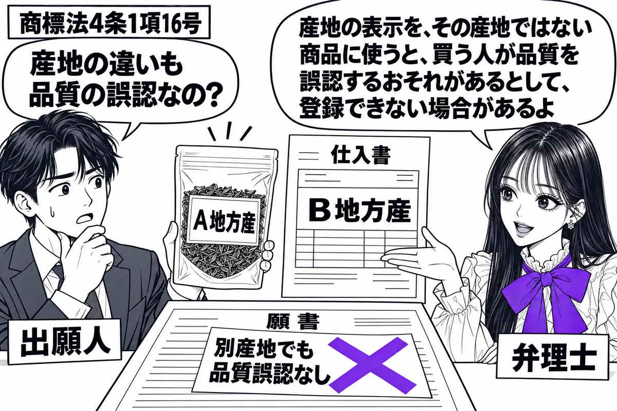先生が相談机の右で弁理士役（札「弁理士」）。左に茶の袋を持つ男性（札「出願人」）。袋には「Ａ地方産」、脇の仕入書には「Ｂ地方産」とあり、机の願書に付けた「別産地でも品質誤認なし」の付箋にヴァイオレットの×印。先生は袋と仕入書を並べて見せる。