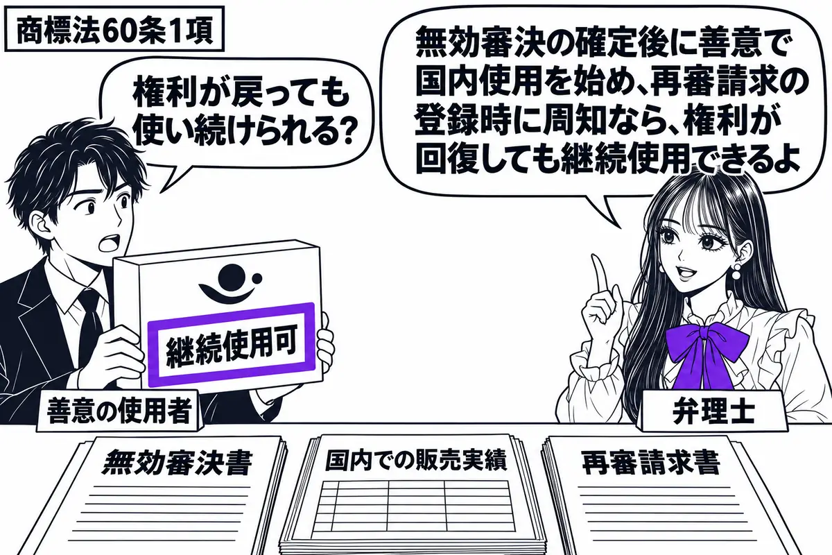 先生が右の相談机に座る弁理士役（札「弁理士」）。左に商標付きの商品箱を抱える男性（札「善意の使用者」）。机に無効審決書と再審請求書が順に並び、その間に国内での販売実績の束。商品箱の付箋「継続使用可」をヴァイオレットの枠で囲む。先生の吹き出し