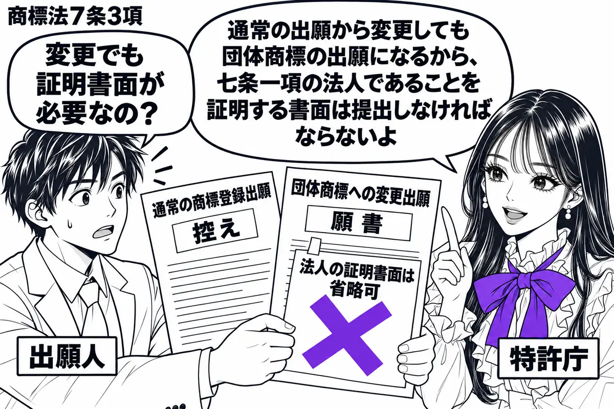先生が特許庁の窓口役（札「特許庁」）で右に座る。左の男性（札「出願人」）が、通常の商標登録出願の控えと団体商標への変更出願の願書を差し出す。願書の「法人の証明書面は省略可」の付箋にヴァイオレットの×印。先生の吹き出し「通常の出願から変更して