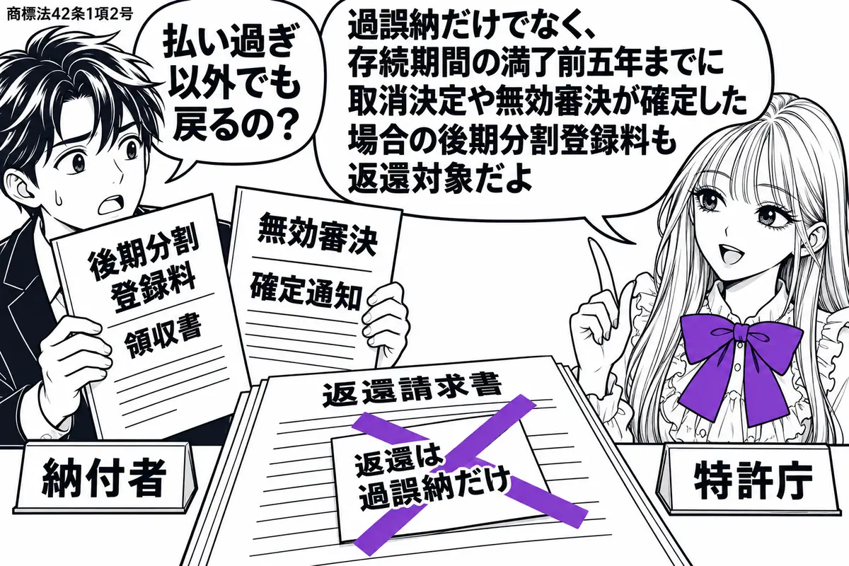 先生が特許庁の窓口役(札「特許庁」)で右に座る。左の男性(札「納付者」)が後期分割登録料の領収書と無効審決の確定通知を持つ。机の返還請求書にある「返還は過誤納だけ」の付箋にヴァイオレットの×印。先生の吹き出し「過誤納だけでなく、存続期間の満