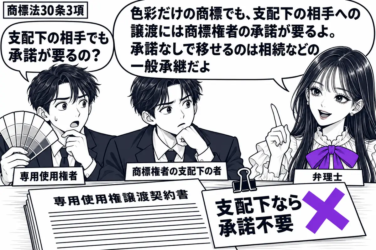 先生が右の相談机にいる弁理士役(札「弁理士」)。左に色見本を持つ男性(札「専用使用権者」)、隣に受取人(札「商標権者の支配下の者」)。机の「専用使用権譲渡契約書」に付いた「支配下なら承諾不要」の付箋に大きなヴァイオレットの×印。先生の吹き出