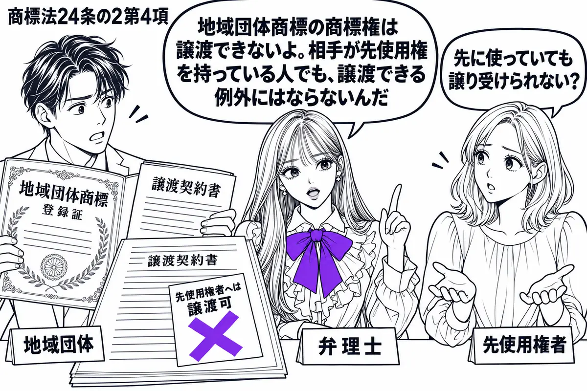 先生が中央の相談机にいる弁理士役(札「弁理士」)。左の男性(札「地域団体」)が「地域団体商標」の登録証と譲渡契約書を広げ、右の女性(札「先使用権者」)が受取りを待っている。契約書の「先使用権者へは譲渡可」という付箋にヴァイオレットの×印。先