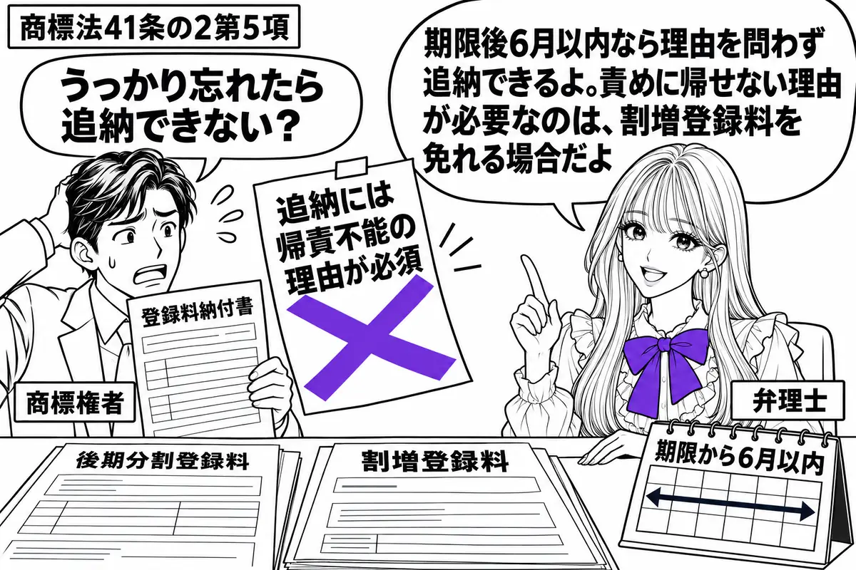 先生が右の相談机に座る弁理士役(札「弁理士」)。左に登録料納付書を持つ男性(札「商標権者」)。机に後期分割登録料と割増登録料の納付書、期限から6月以内を示すカレンダー。納付書の付箋「追納には帰責不能の理由が必須」にヴァイオレットの×印。先生