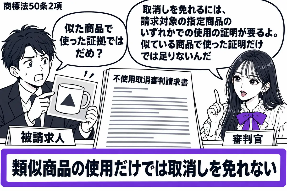 先生が右の審理机にいる審判官役(札「審判官」)。左の男性(札「被請求人」)が、指定商品とは別の類似商品に商標を付けた販売写真を出す。中央に「不使用取消審判請求書」を置き、「類似商品の使用だけでは取消しを免れない」の札をヴァイオレットの枠で囲