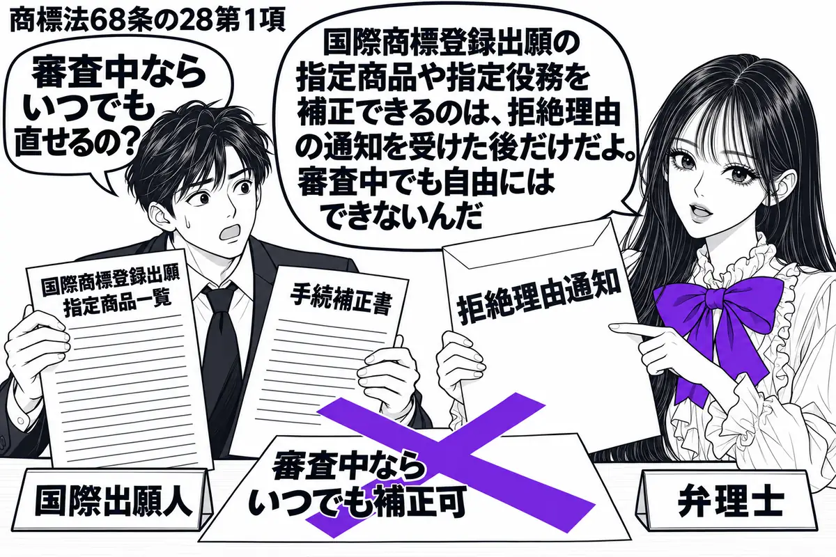 先生が右の相談机にいる弁理士役(札「弁理士」)。左の男性(札「国際出願人」)が国際商標登録出願の指定商品一覧と「手続補正書」を広げる。机の「審査中ならいつでも補正可」の付箋にヴァイオレットの×印を付け、先生が拒絶理由通知の封筒を示す。先生の