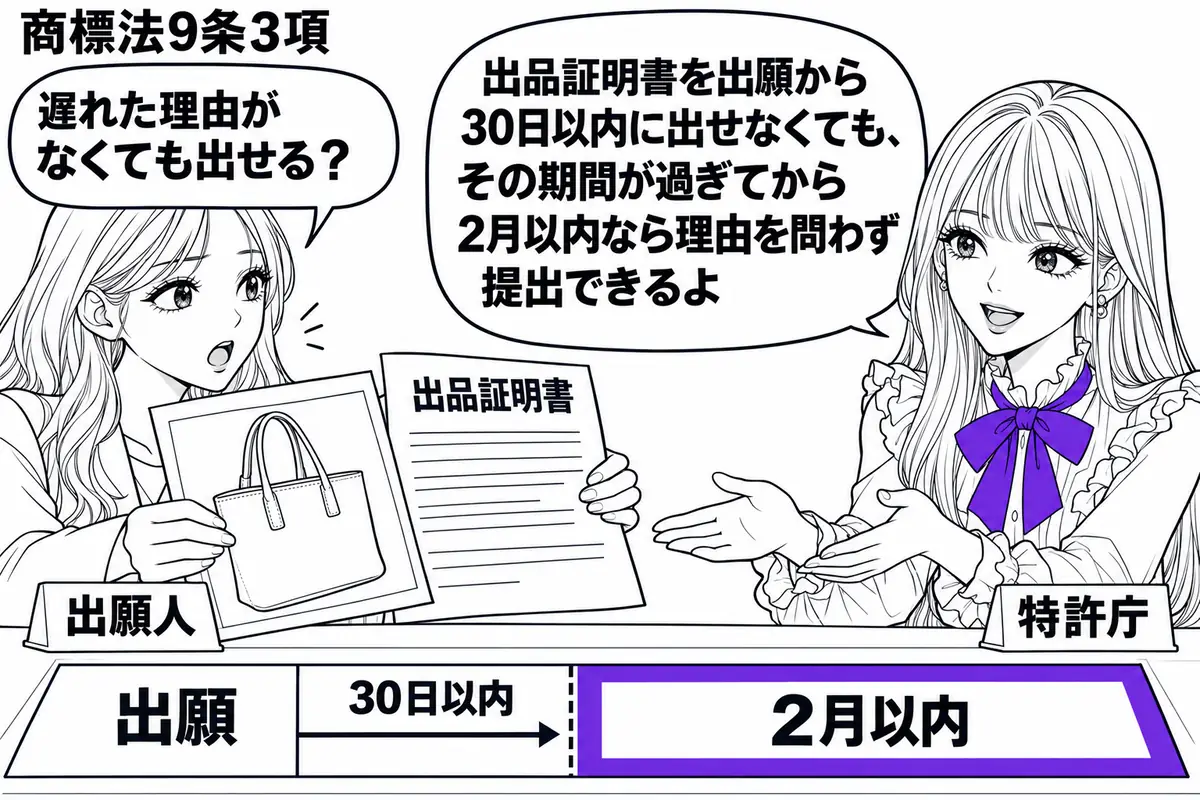 先生が特許庁の受付役（札「特許庁」）で右の窓口に立つ。左に展示商品の写真と「出品証明書」を持つ女性（札「出願人」）。机の暦には出願から30日の区切りがあり、その後の「2月以内」の欄をヴァイオレットの枠で囲む。先生は証明書を受け取る姿勢。先生