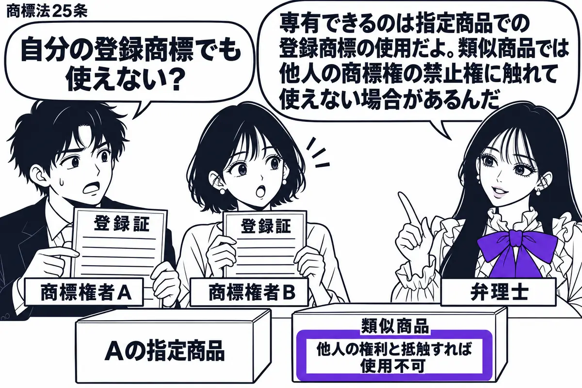 先生が弁理士役(札「弁理士」)で右の机に立つ。左に登録証を持つ男性(札「商標権者A」)、中央に別の登録証を示す女性(札「商標権者B」)。机にはAの指定商品と類似商品の箱を置き、後者の付箋「他人の権利と抵触すれば使用不可」をヴァイオレットの枠