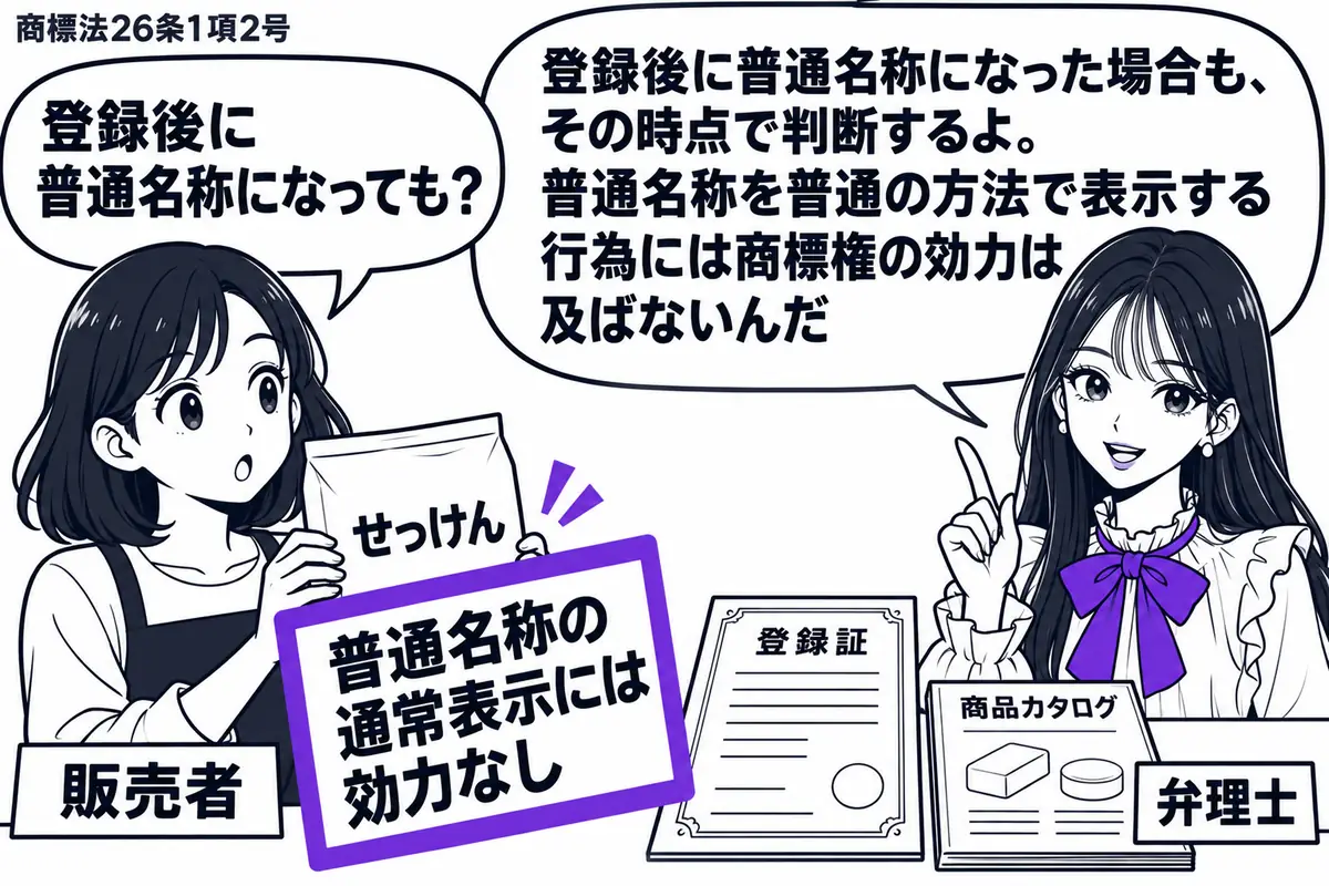 先生が弁理士役(札「弁理士」)で右の机に立つ。左に商品袋を持つ女性(札「販売者」)。机に古い登録証と現在の商品カタログを並べ、商品袋には装飾のない普通名称の表示。袋に添えた付箋「普通名称の通常表示には効力なし」をヴァイオレットの枠で囲む。先
