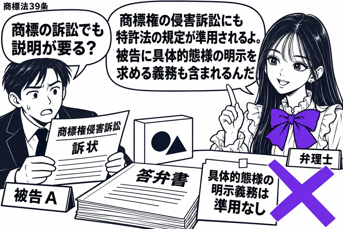 先生が弁理士役(札「弁理士」)で相談机の右側。左の被告(札「被告A」)が商標権侵害訴訟の訴状を読み、机には問題の標章付き商品と答弁書がある。答弁書に添えた「具体的態様の明示義務は準用なし」の付箋にヴァイオレットの×印。先生の吹き出し「商標権