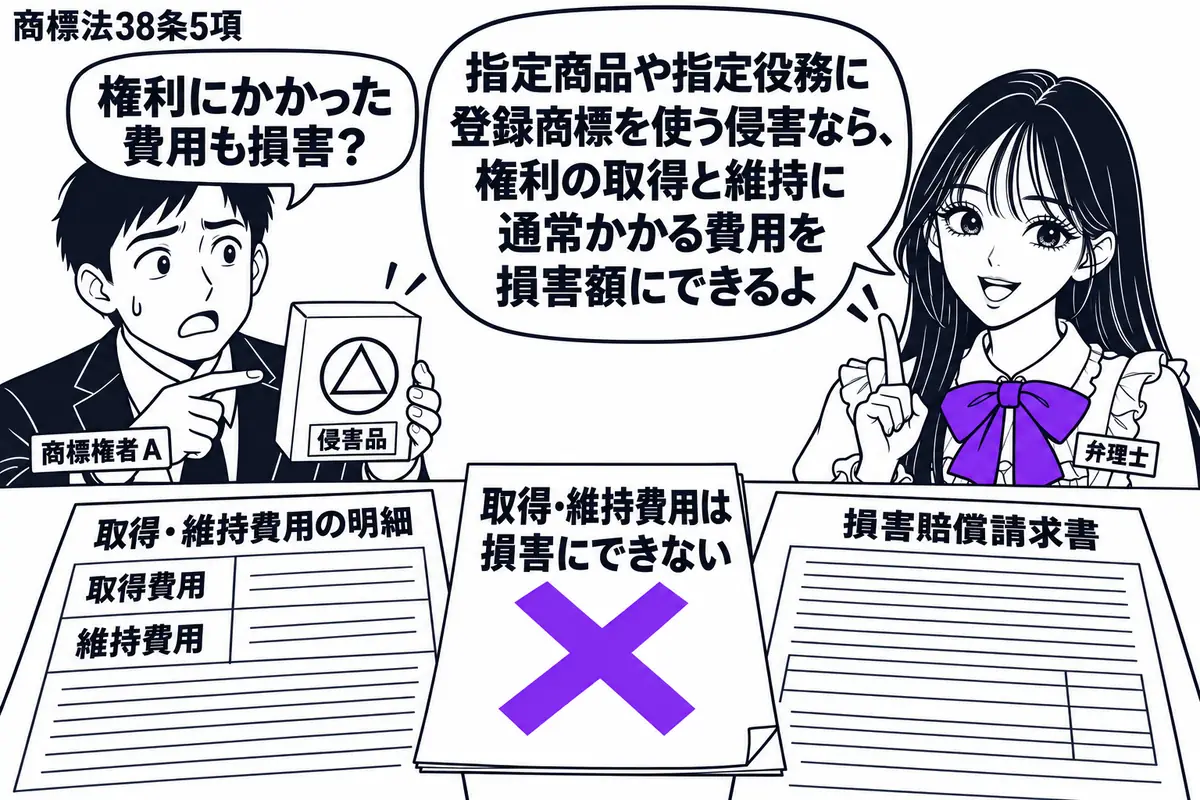 先生が弁理士役(札「弁理士」)で机の右側。左の商標権者(札「商標権者A」)が指定商品に登録商標を使った侵害品を示す。机に取得・維持費用の明細と損害賠償請求書を置き、「取得・維持費用は損害にできない」の付箋にヴァイオレットの×印。先生の吹き出