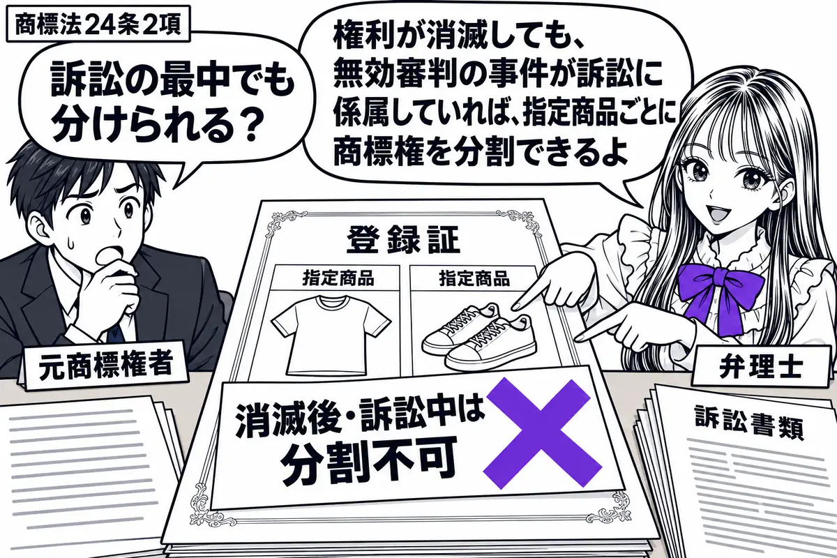 先生が弁理士役(札「弁理士」)で机の右側。左に男性(札「元商標権者」)が座り、机には二つの指定商品を描いた登録証と訴訟書類。登録証に重ねた「消滅後・訴訟中は分割不可」の付箋に大きなヴァイオレットの×印。先生は二つの商品欄を指している。先生の