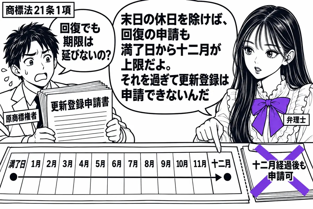 先生が弁理士役(札「弁理士」)で右側。左に焦る男性(札「原商標権者」)が「更新登録申請書」を持つ。机に満了日から十二月までの暦を広げ、その先に置いた「十二月経過後も申請可」の付箋にヴァイオレットの×印。先生の吹き出し「末日の休日を除けば、回