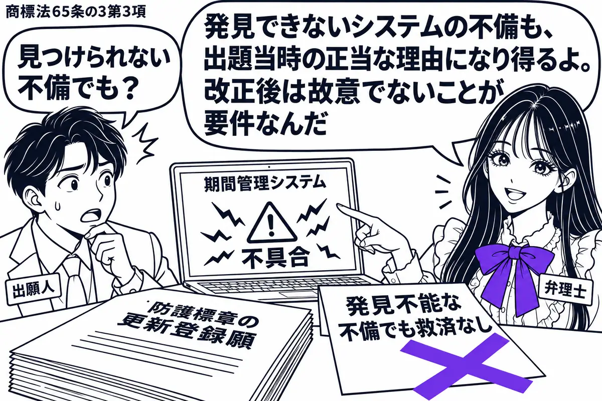 先生が弁理士役（札「弁理士」）で右側。左に男性（札「出願人」）、机には防護標章の更新登録願と故障した期間管理システムの画面。「発見不能な不備でも救済なし」の付箋にヴァイオレットの×印。先生は画面の不具合を指す。先生の吹き出し「発見できないシ