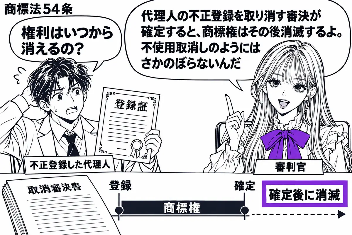 先生が審判官役(札「審判官」)で右側。左に男性(札「不正登録した代理人」)が登録証を持つ。机の「取消審決書」の横に、確定時点で権利の帯が途切れる時間図を置き、「確定後に消滅」の札をヴァイオレットの枠で囲む。先生の吹き出し「代理人の不正登録を