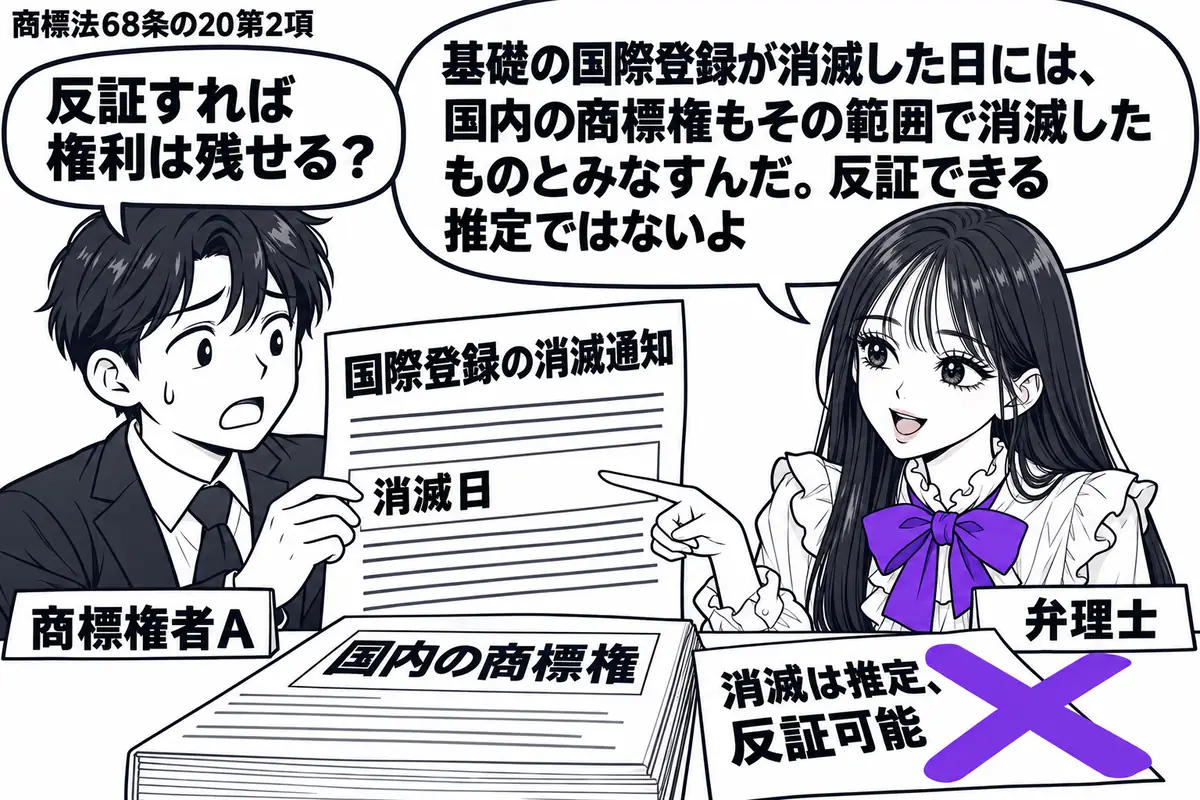 先生が弁理士役（札「弁理士」）で机の右側。左の商標権者（札「商標権者Ａ」）が国際登録の消滅通知を持つ。机には国内の商標権の資料があり、「消滅は推定、反証可能」の付箋にヴァイオレットの×印。先生は通知の消滅日を指している。先生の吹き出し「基礎
