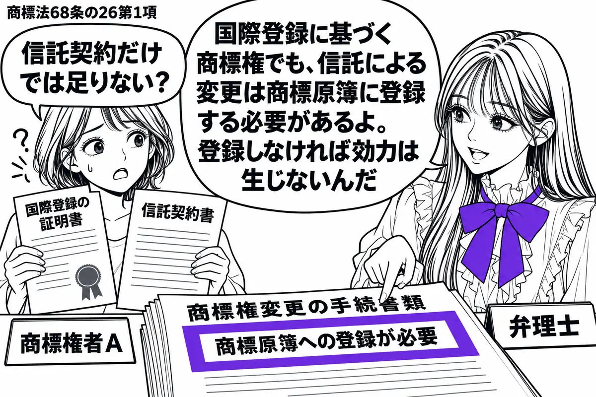 先生が弁理士役（札「弁理士」）で机の右側。左の商標権者（札「商標権者Ａ」）が国際登録の証明書と信託契約書を持つ。机の商標権変更の手続書類に「商標原簿への登録が必要」の付箋を付け、ヴァイオレットの枠で囲む。先生は付箋を指して説明する。先生の吹
