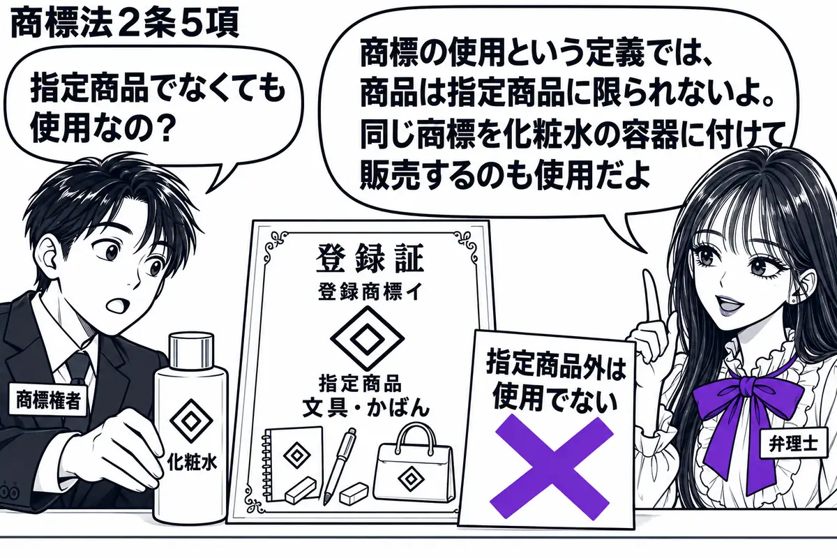 先生が弁理士役（札「弁理士」）で右に立つ。左の男性（札「商標権者」）が、登録商標イと同じ標章を付けた化粧水の容器を売り台に置く。机には文具やかばんの指定商品を示す登録証。「指定商品外は使用でない」の付箋にヴァイオレットの×印。先生の吹き出し