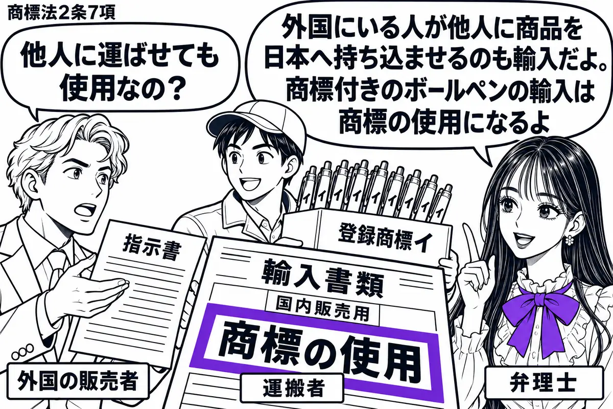 先生が弁理士役（札「弁理士」）で右に立つ。左に外国の男性（札「外国の販売者」）、中央に商品を運ぶ男性（札「運搬者」）。販売者の指示書を受け、登録商標イ付きのボールペンを国内販売用に運ぶ。輸入書類の「商標の使用」をヴァイオレットの枠で囲む。先