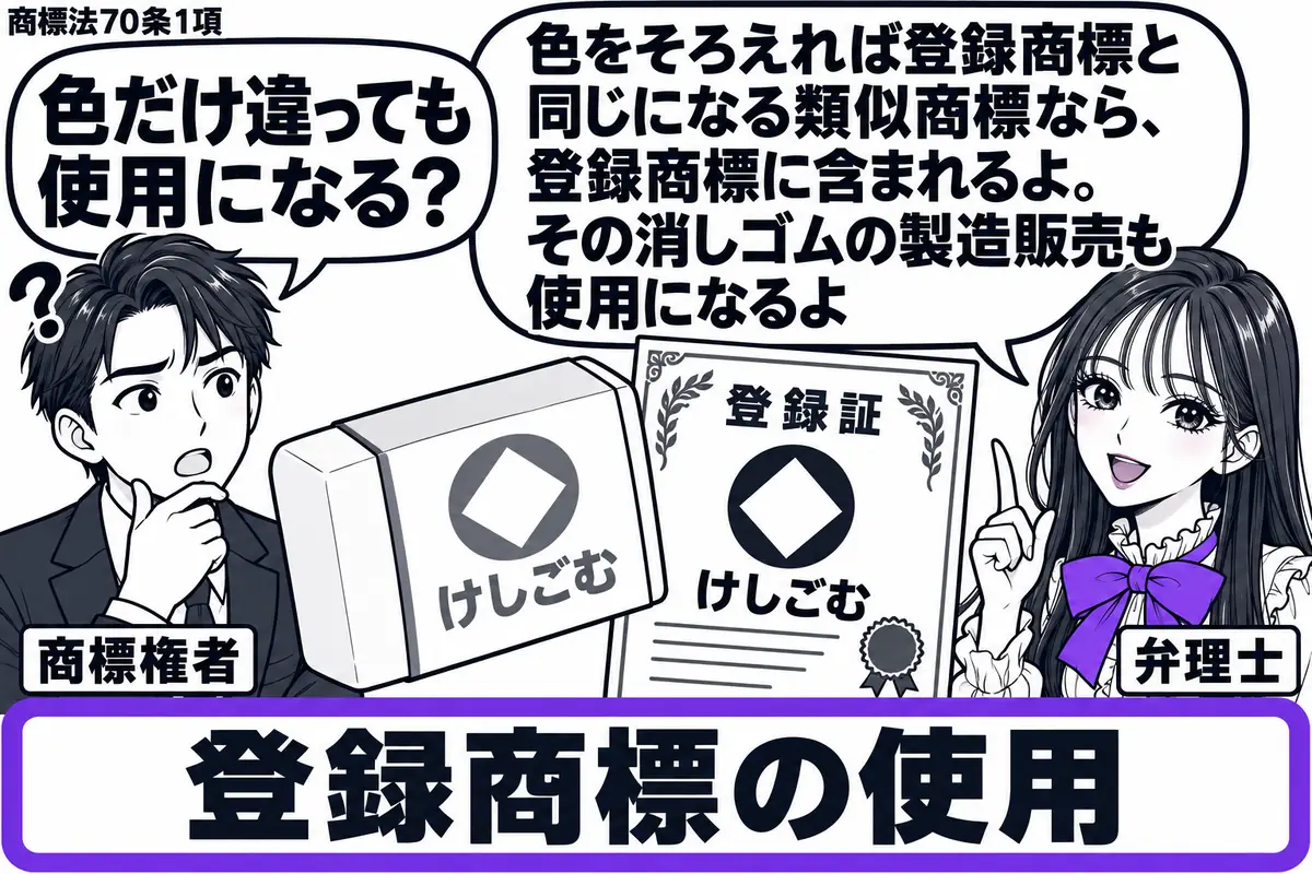 先生が弁理士役（札「弁理士」）で右に立つ。左の男性（札「商標権者」）が製造販売する消しゴムと登録証を並べる。双方の文字と図形は同じにし、色の違いは墨色の濃淡で示す。「登録商標の使用」の付箋をヴァイオレットの枠で囲む。先生の吹き出し「色をそろ