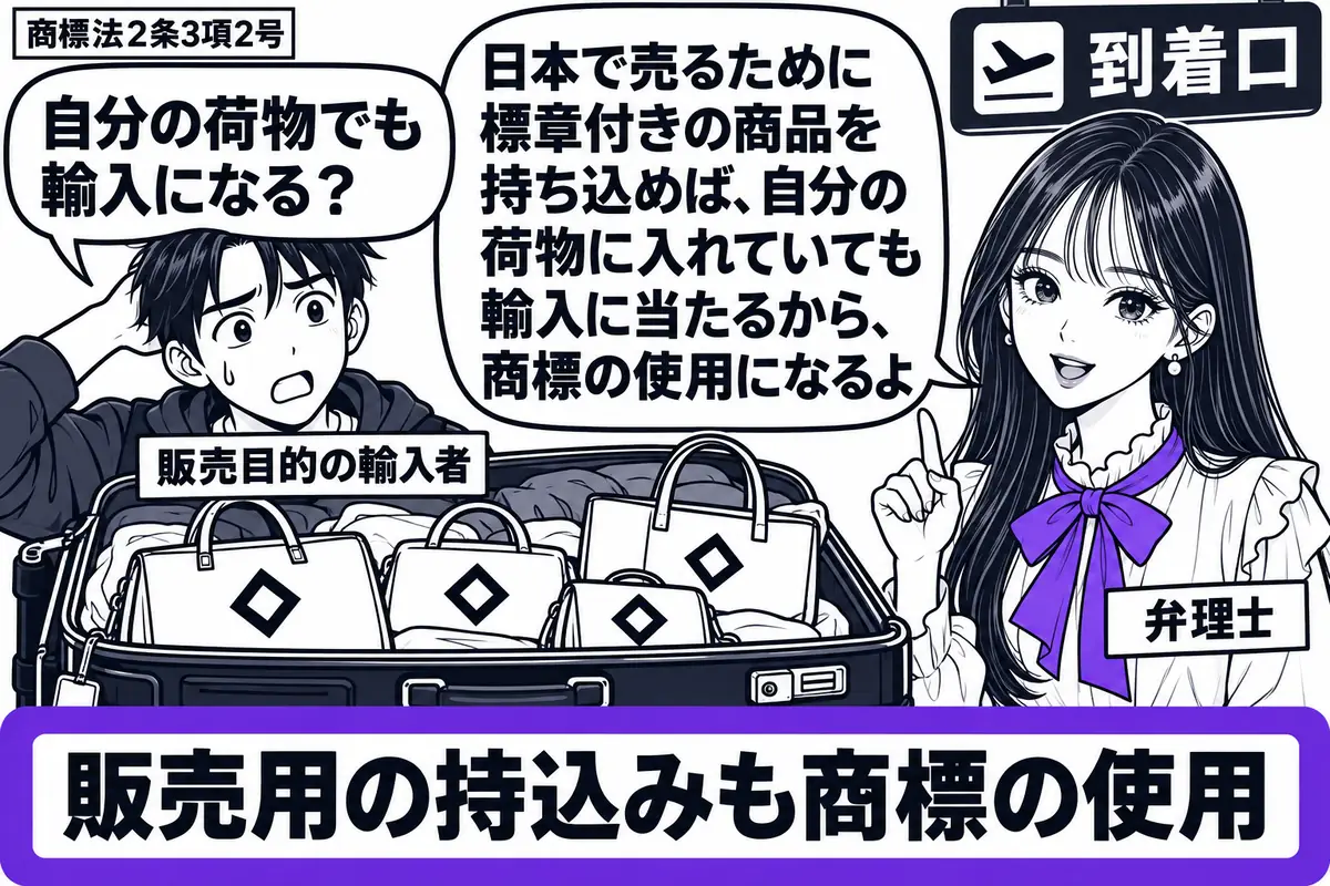 先生が右の到着口に立つ弁理士役（札「弁理士」）。左に旅行かばんを開けた男性（札「販売目的の輸入者」）。かばんの中には他人の登録商標と同じ標章が付いたハンドバッグが並ぶ。添えた「販売用の持込みも商標の使用」の札をヴァイオレットの枠で囲む。先生