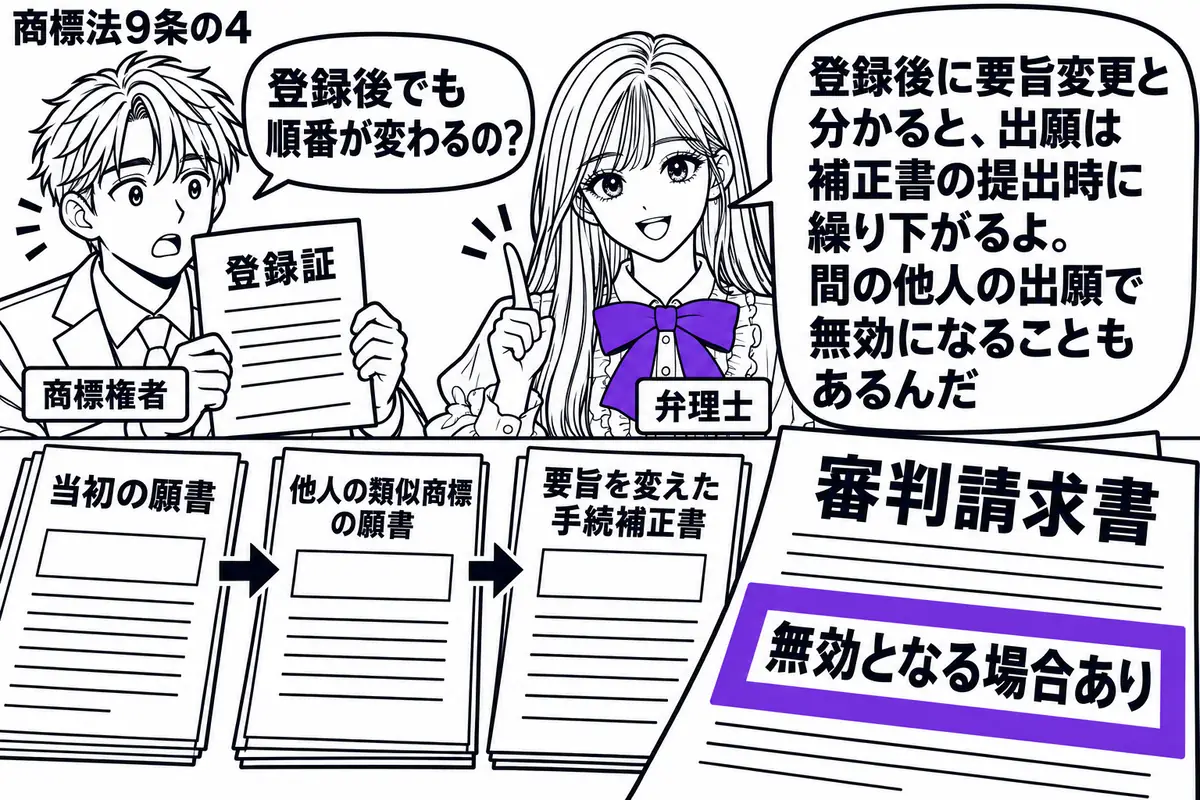 先生が中央の弁理士役（札「弁理士」）。左に登録証を持つ男性（札「商標権者」）。机に当初の願書、他人の類似商標の願書、要旨を変えた手続補正書を提出順に並べる。手前の審判請求書にある「無効となる場合あり」をヴァイオレットの枠で囲む。先生の吹き出